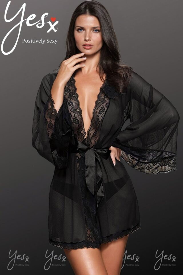 YesX Lace-Trim Dressing Gown & Thong – Black