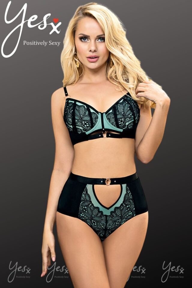 YesX Lace-Trim Bra & Brief Set – Blue & Black