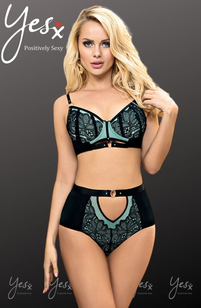 YesX Lace-Trim Bra & Brief Set – Blue & Black