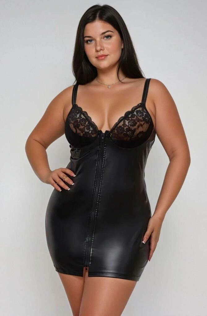 YesX Plus-Size Faux-Leather & Lace Zip-Front Mini Dress – Black