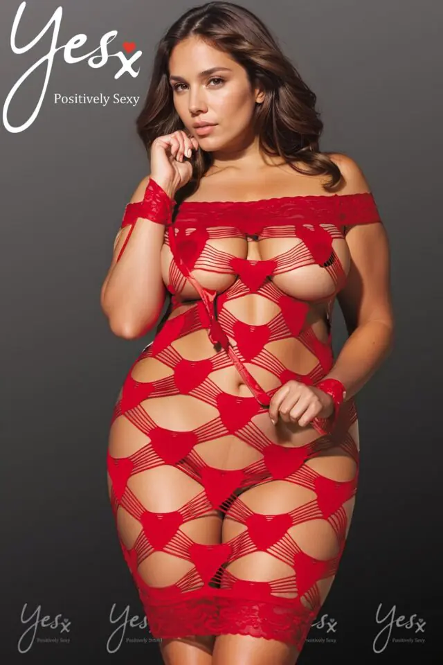 YesX Plus-Size Heart-Print Mini Dress & Handcuffs – Red