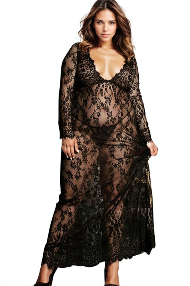 YesX Plus-Size Long Lace Gown & Thong – Black