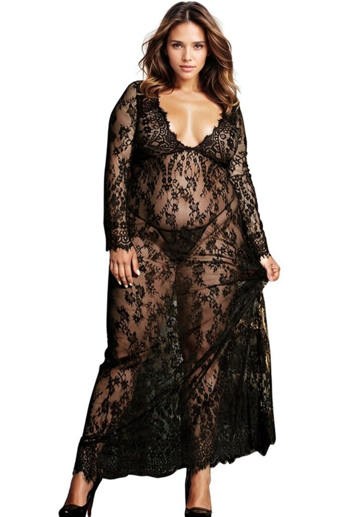 YesX Plus-Size Long Lace Gown & Thong – Black