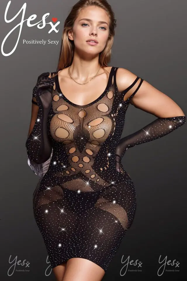 YesX Plus-Size Shimmer Bodystocking Dress – Black