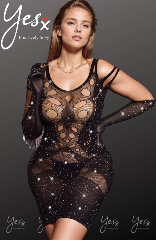 YesX Plus-Size Shimmer Bodystocking Dress – Black