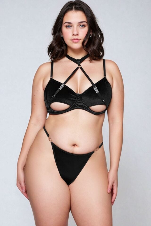 YesX Plus-Size Velvet Halterneck Bra Set – Black