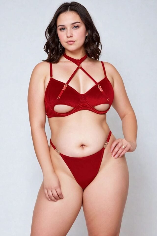YesX Plus-Size Velvet Halterneck Bra Set – Red