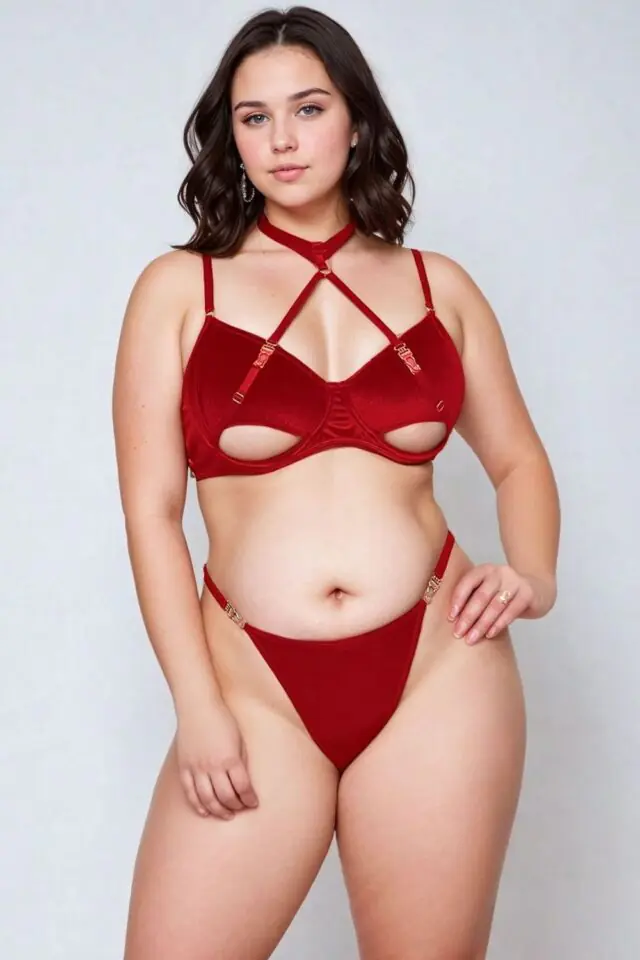 YesX Plus-Size Velvet Halterneck Bra Set – Red
