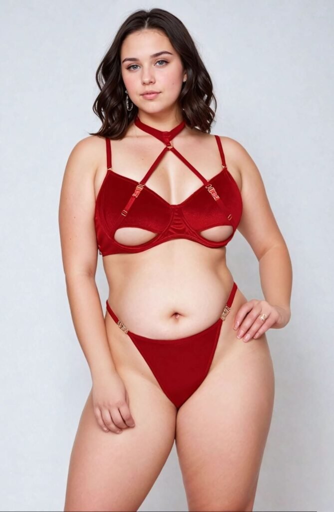 YesX Plus-Size Velvet Halterneck Bra Set – Red