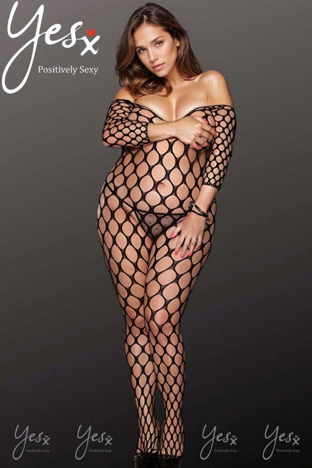 YesX Plus-Size Open-Knit Three-Quarter Sleeve Bodystocking – Black