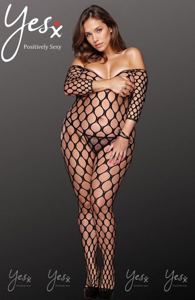 YesX Plus-Size Open-Knit Three-Quarter Sleeve Bodystocking – Black