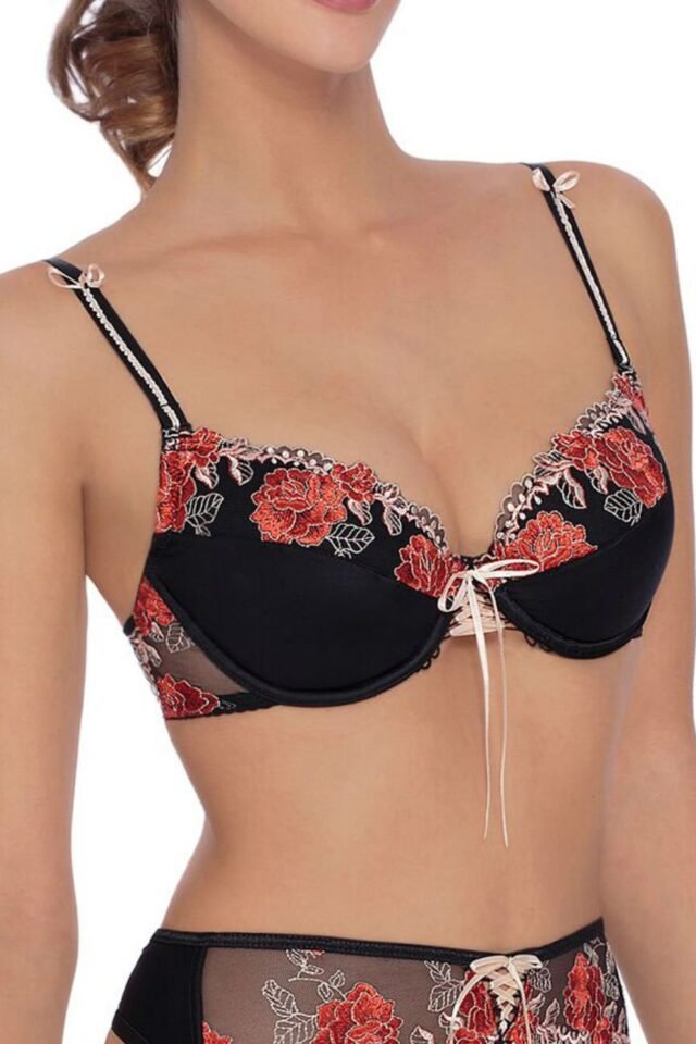 Roza Natali Embroidered Push-Up Bra – Black