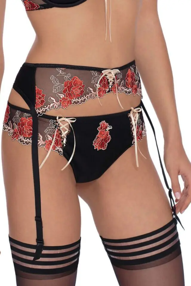 Roza Natali Embroidered Suspender Belt – Black