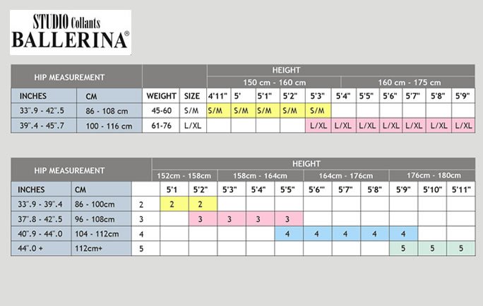Ballerina hosiery size guide showing sizes by hip measurement, height and weight