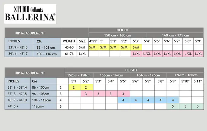 Ballerina hosiery size guide showing sizes by hip measurement, height and weight