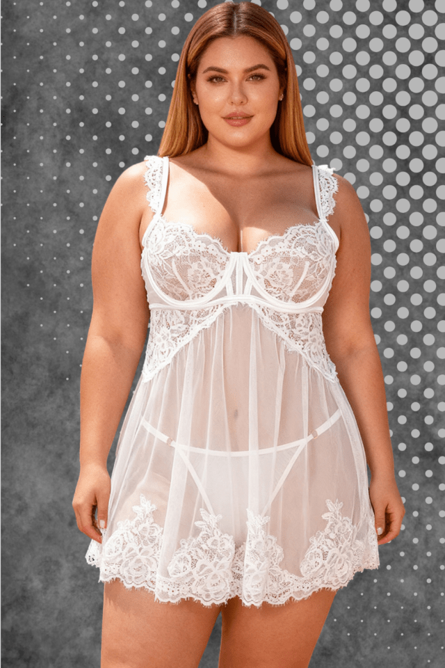 YesX Plus-Size Sheer Lace Babydoll – White