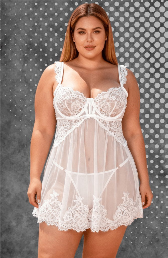 YesX Plus-Size Sheer Lace Babydoll – White