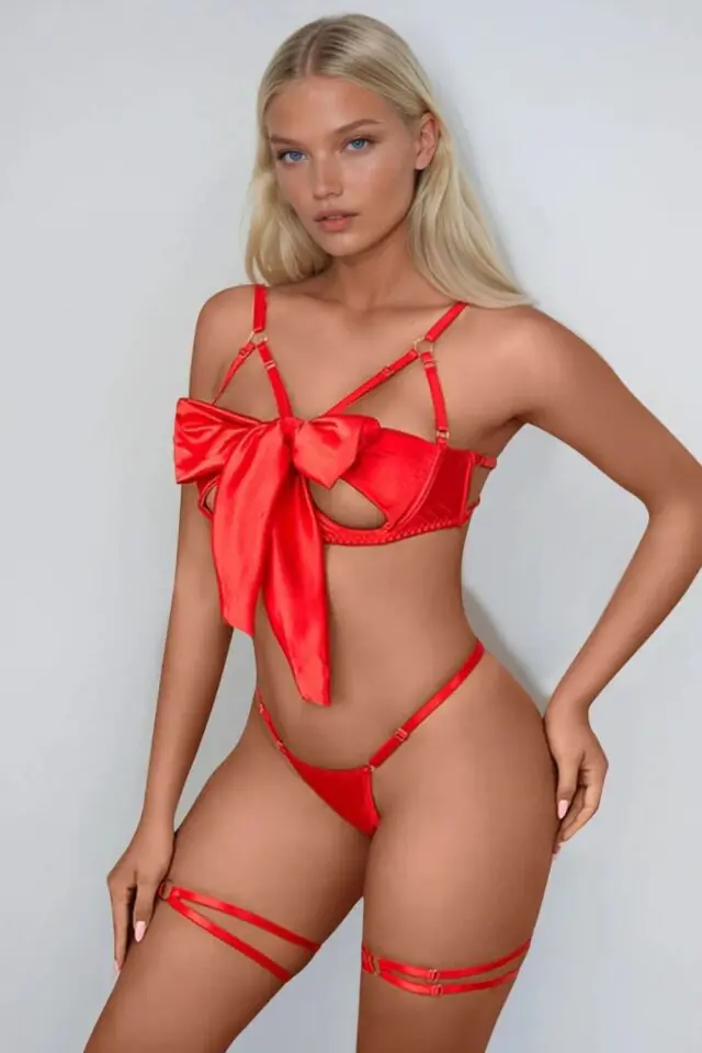 YesX Bow-Detail Bra Set – Red